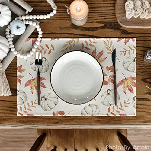 Maple Leaf Pumpkins Fall Placemats Set of 4 - 12 x 18 Inch Beige & Orange