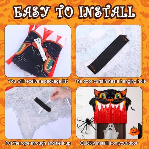 Halloween Black Cat Door Curtain with Fringe - Spooky Carnival Entry Decor