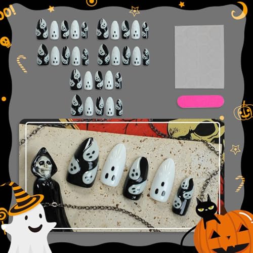 30Pcs Halloween Fake Almond Nails with 3D Ghost Designs - Black & White, Easy Glue-On Set