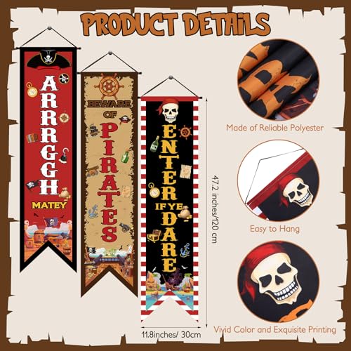 Pirate Party Decorations Banner Set - Beware of Pirates, Arrrggh Matey, Enter of Ye Dare - 3 Pieces, Pirate Theme Flags with Wooden Rod & Ribbons - Variation: 3 / Pirate