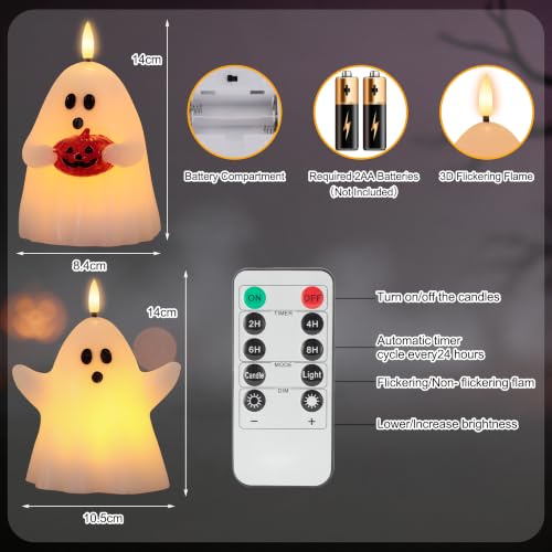 Ghost Flameless Candles with Timer - Real Wax Halloween Decor - 2 Pack - Ghost Variation