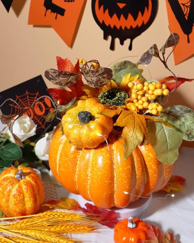 Artificial Pumpkin Centerpiece with Lights for Fall Table Decor - 9.1 Inch