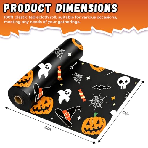 Halloween Plastic Table Cover Roll - Pumpkin Ghost Design, 54 Inch x 1200 Inch, Disposable Party Tablecloth