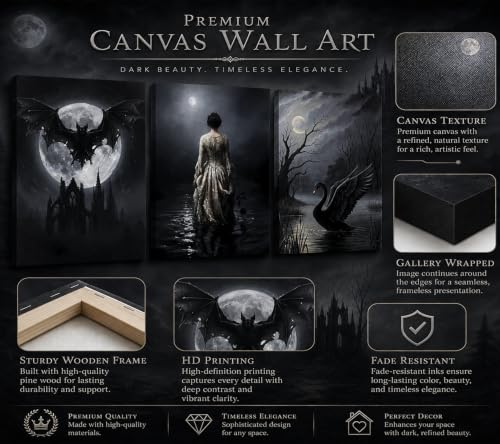Gothic Wall Art Set of 3 - Victorian Dark Woman, Bat & Swan Prints, Unframed 24x16 inches - Moody Home Decor