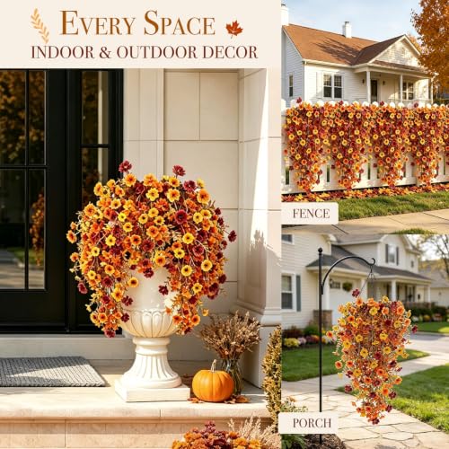 Artificial Fall Flowers for Outdoors - 4pcs Autumn Decor in Orange Yellow Brown