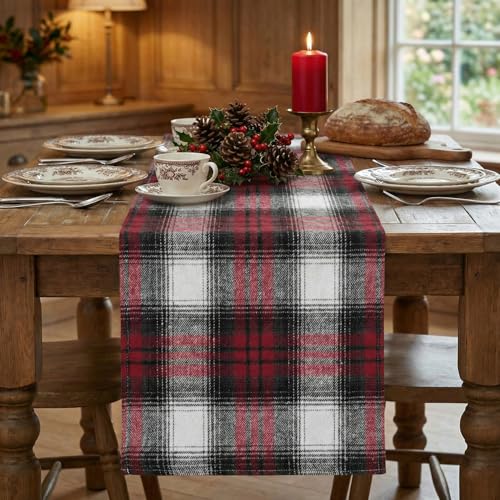 Red Black Farmhouse Christmas Table Runner 13x108 Inch - Holiday Kitchen Decor