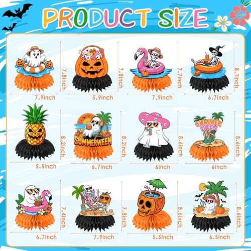 Summerween Halloween Honeycomb Centerpieces - 12 Pack, Pumpkin Ghost Skull Decor