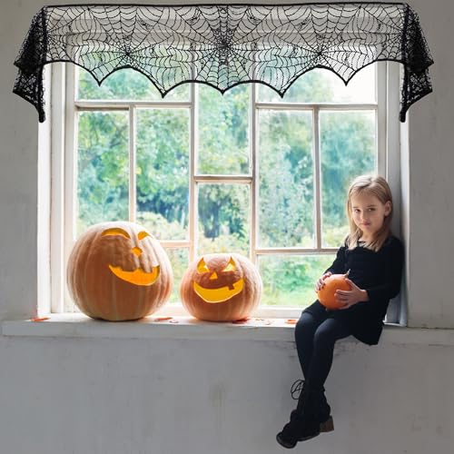 Halloween Mantel Scarf Black Lace Spiderweb for Fireplace Decor - 18x96 Inch - Black