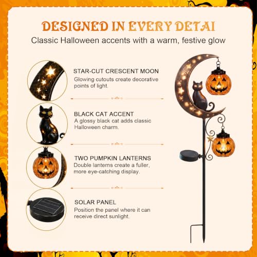 Halloween Garden Stake Light with Lantern and Black Cat Silhouette, Solar Outdoor Decor