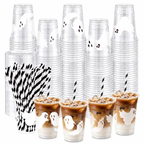 Halloween Ghost Latte Plastic Cups Set - 50 Count 16 oz with Lids & Straws - Black & White / Ghost & White