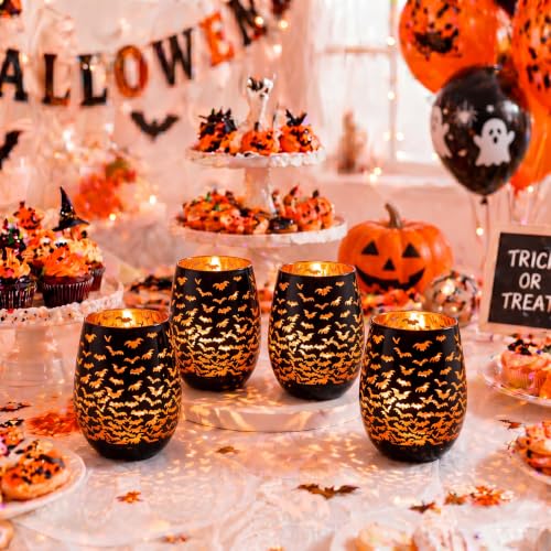 Halloween Bat Wine Glass Set - 2 Black and Orange 16oz Stemless Cocktail Glasses