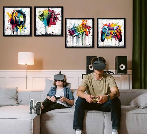 Game Room Wall Art Set - 16x16in Graffiti Gamepad Headphones Posters - 4 Pieces - Kids Bedroom Decor - Game Enthusiast Gift - Variation of THIS listing