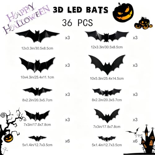 36 Pack LED Glowing Halloween Bat Wall Decorations - 3D Flying Window Decals, Green Lights