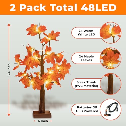 2-Pack 24-Inch Lighted Fall Maple Trees for Thanksgiving & Holiday Decor