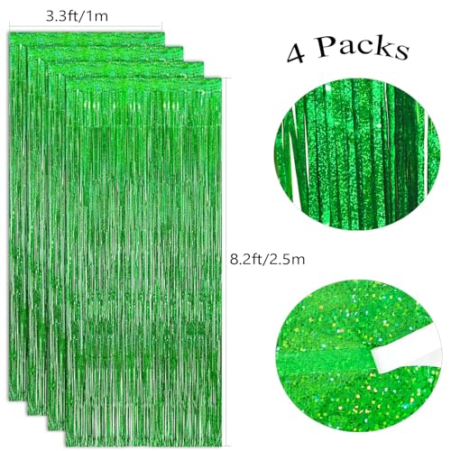 Laser Green Tinsel Backdrop Curtains - 4 Pack, 12.8x8.2 ft, Party Decorations