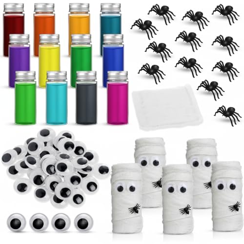 Small Mummy Halloween Potion Bottles Set with Wiggle Eyes & Mini Spiders - 12 Pcs