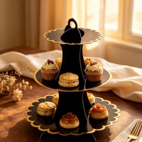 Black Gold 3-Tier Cardboard Cupcake Stand - Disposable Dessert Tower Set of 2