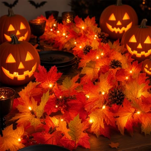 Lush Fall Garland with Pinecones Berries and Lights - 108 Inches, Connectable, UL Certified