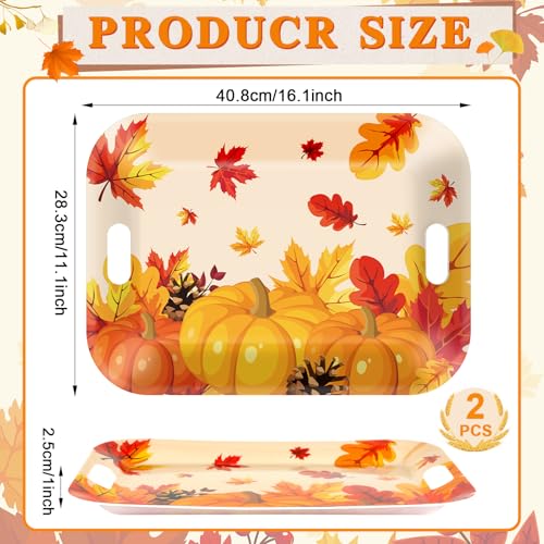 Fall Thanksgiving Serving Trays Set - 2 Large Melamine Pumpkin Leaf Platters with Handles