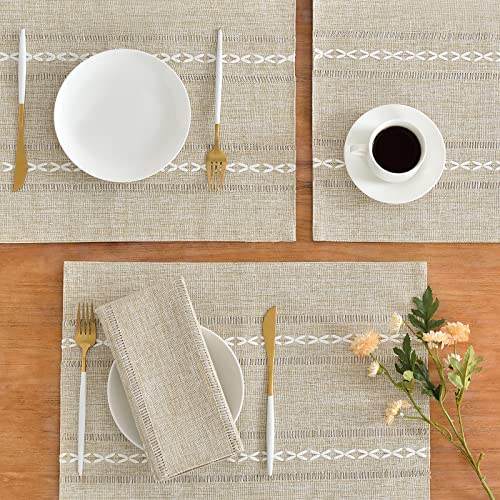 Hemstitched Cotton Linen Place Mats Set of 8 - Coffee Embroidered, Boho Table Decor