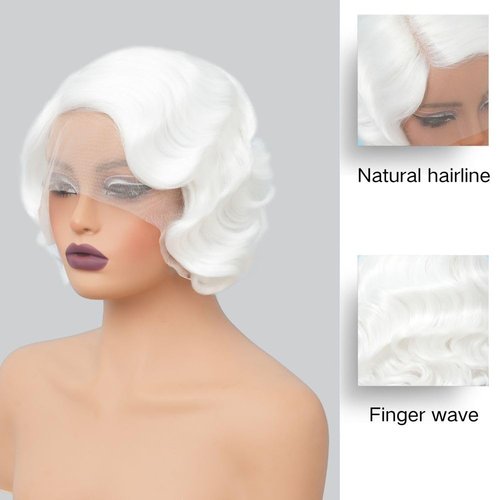 Salaibs White Finger Wave Lace Front Wig for Women Short White Curly Wig Synthetic 1920s Halloween Cosplay Costume Party with Wig Cap