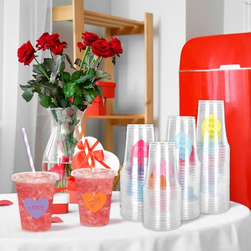 Conversation Heart Valentine's Day Disposable Plastic Cups with Lids & Straws - 12oz, 60 Pack