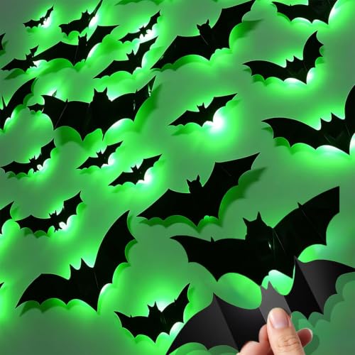 36 Pack LED Glowing Halloween Bat Wall Decorations - 3D Flying Window Decals, Green Lights