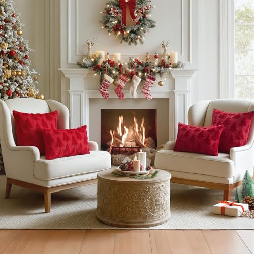 22x22 Holiday Christmas Throw Pillow Covers Set of 2 - Red Tree Design Soft Plush Faux Wool Winter Home Decor