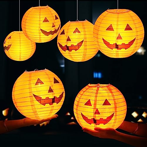 Halloween Pumpkin Paper Lanterns Set of 20 with LED Lights - 10 Inch Jack O Lantern Decorations