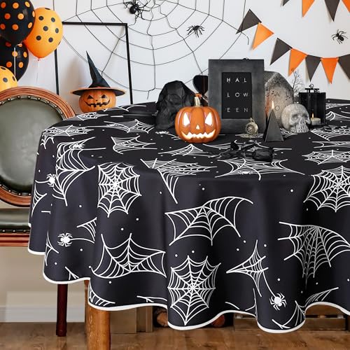 60-Inch Round Halloween Spider Web Waterproof Tablecloth - Black