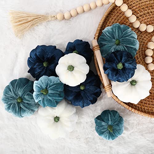 Blue White Velvet Artificial Pumpkins Set of 12 Fall Thanksgiving Decor - 2 Sizes