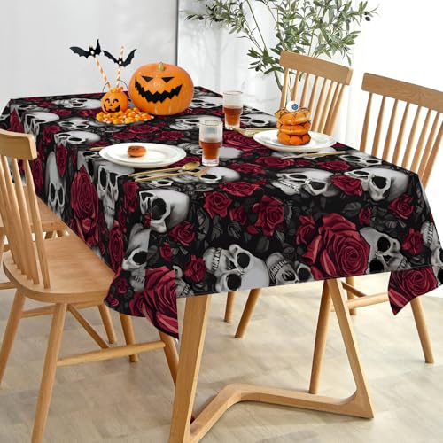 Halloween Gothic Skull Rose Rectangle Tablecloth 60 x 84 Inches - Skull Variation
