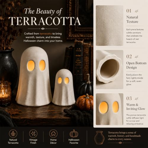 Halloween Ghost Figurines with LED String Lights - 7.87 & 5.91 Inches, Terracotta Decor Set - 2 Pieces - Variation of THIS listing