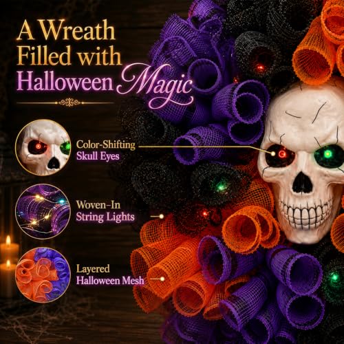 Halloween Wreath with Skull & Color-Changing Lights - 24-inch Decor