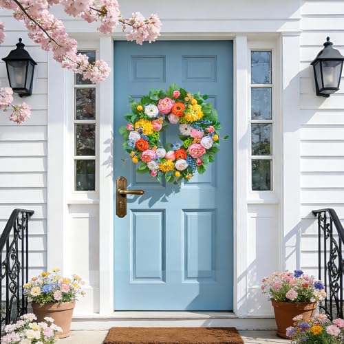 Spring Wreath for Front Door 24 Inch Vibrant Garden-Inspired Decor with Flowers & Fruit Accents