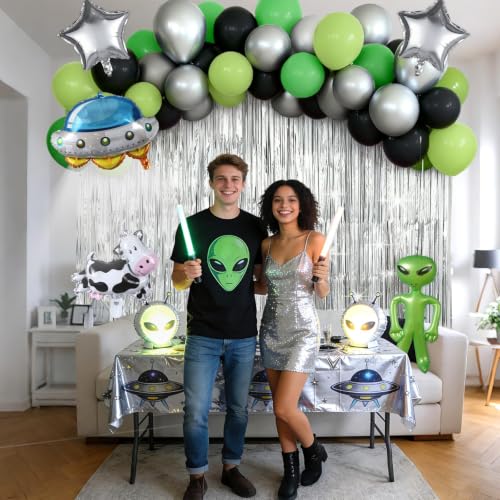 Alien Party Decor Foil Fringe Curtains and Balloon Arch Kit for Space Themed Events