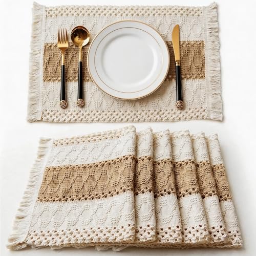 Boho Placemat Set - 6 Rustic 11.8 x 19 Inch Table Mats with Macrame Tassels