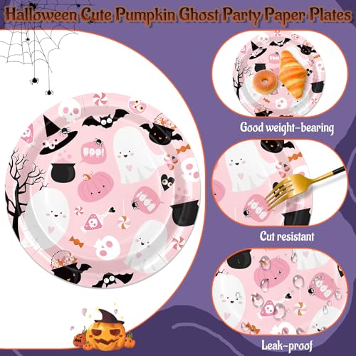 Pink Halloween Paper Plates 50 Pack - 9 Inch Disposable Ghost Party Tableware