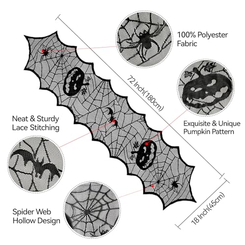 Halloween Table Runners Black Pumpkin Web Lace 18x72 Inch 2 Pack - Spider Web Design