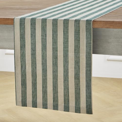 Linen Table Runner 14x36 in Hunter Green & Natural Stripes - Handcrafted