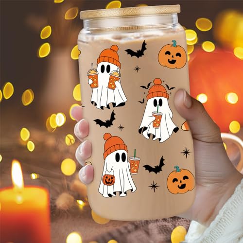 Halloween Ghost Glass Mug - 16 oz Spooky Coffee Cup with Lids & Straws