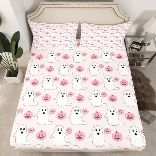 Pearl Pink Happy Halloween Kids Bed Sheets Set Twin Size with Fitted & Flat Sheets