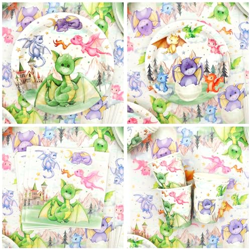 Dragon Party Supplies Set for 20 Guests - Birthday Backdrop Plates Cups Napkins Balloons