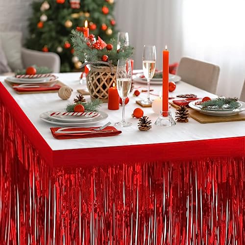 Red Metallic Foil Fringe Table Skirts 9 Feet x 29.5 Inches - 6 Pack