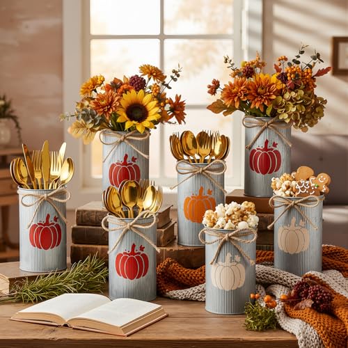 Thanksgiving Fall Pumpkin Vase Set - 6 Rustic Metal Centerpieces with Vintage Design