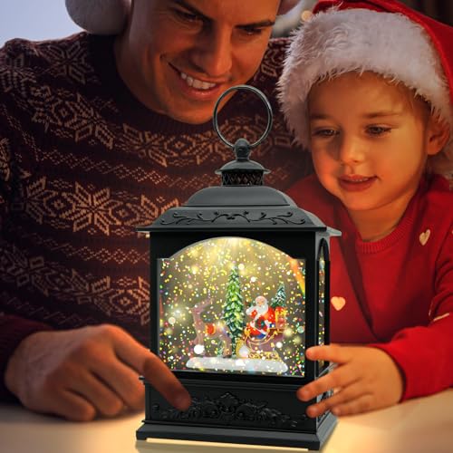 Christmas Snow Globe Lantern with Music & Timer - Black Santa LED Glitter Decor