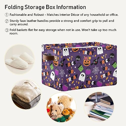 Purple Halloween Storage Basket 16x12x8 Inches Fabric Pumpkin Skull Ghost Trick or Treat Open Home Organizer - Foldable