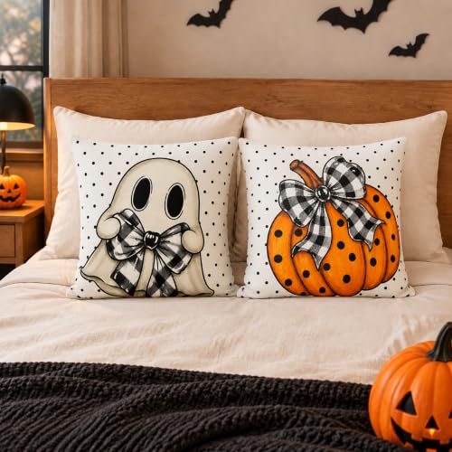Halloween Pillow Covers 18x18 Set of 2 - Ghost & Pumpkin Farmhouse Decor - White / 18" x 18"