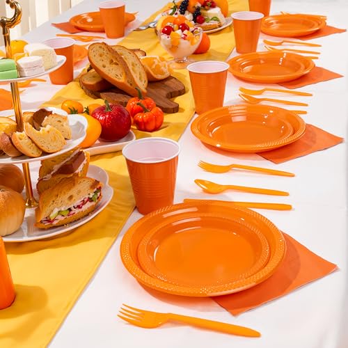 Orange Disposable Plastic Plates Set - 350 Pieces for Parties & Events