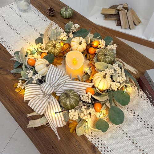 20-Inch Fall Wreath with Lights - Eucalyptus Pumpkins Autumn Decor